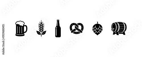 Beer wheat bottle pretzel hop and barrel icons