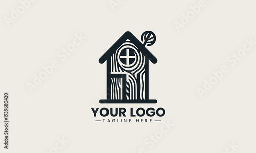 Black tree house silhouette with window and door represents eco living brand identity concept in clean minimalist vector logo design isolated on white background