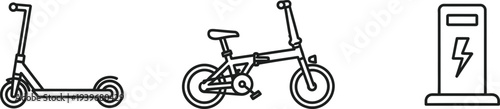 Modern electric scooter, folding bicycle, and charging station icons representing sustainable urban transport.