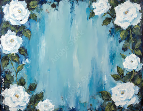 Delicate white roses bloom elegantly on a calming blue background, inviting creativity. This beautiful setting is perfect for sharing love and heartfelt thoughts with friends Generative AI