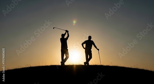 Two golfers on a hill at sunset with golf clubs