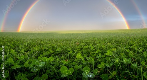 St patrick's day rainbow over green shamrock field landscape