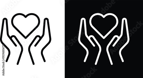 Heart and hands icon pack in black and white colors