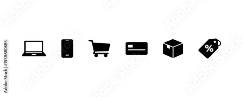 Online shopping ecommerce icons laptop phone cart card box tag