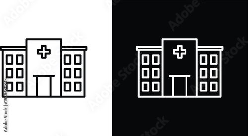 Hospital building icon pack in black and white colors