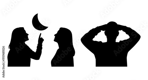 Black silhouette vector illustration of a woman pointing at a crescent moon next to another woman, and a man holding his head, representing contemplation or stress.