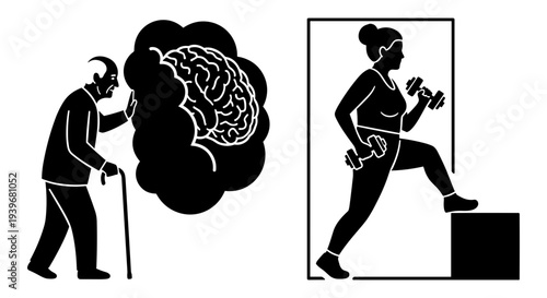 Black and white vector illustration depicting an elderly man with a thought bubble showing a brain, contrasted with a fit woman exercising with dumbbells and stepping onto a box