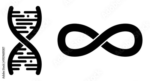 Black DNA double helix and infinity symbol vector icons set, representing genetics, life, science, endless possibilities, and eternal concepts for web, app, and graphic design projects.