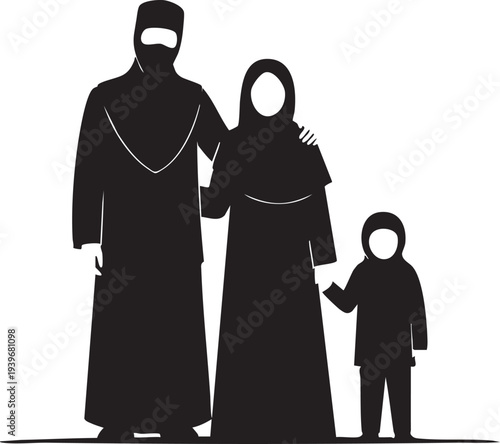 Muslim Family Silhouette Vector Illustration, Flat Design Middle Eastern Parents and Child