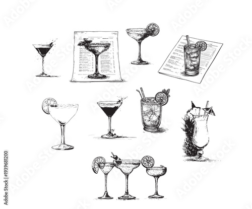 Mojito cocktails bar doodle icon set