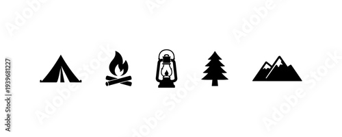 Camping adventure icons tent campfire lantern pine mountains