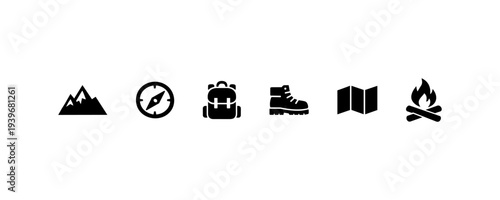 Outdoor adventure icons mountains compass backpack boots map campfire