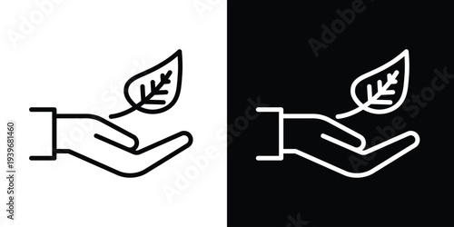 Leaf in hand icon pack in black and white colors