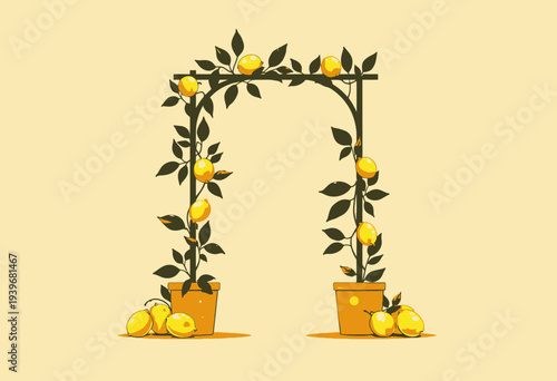 Artistic Illustration of Lemon Vines Growing on a Decorative Arch with Lush Green Leaves and Yellow Lemons in Terracotta Pots