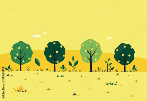 Illustrative Artwork of Fruit Bearing Trees with Lush Greenery on a Sunny Yellow Background with Rolling Hills in the Distance