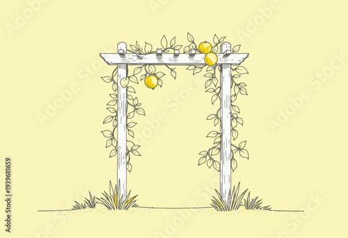 Illustration of a Rustic Wooden Garden Trellis with Vines and Hanging Lemons Against a Pale Yellow Background