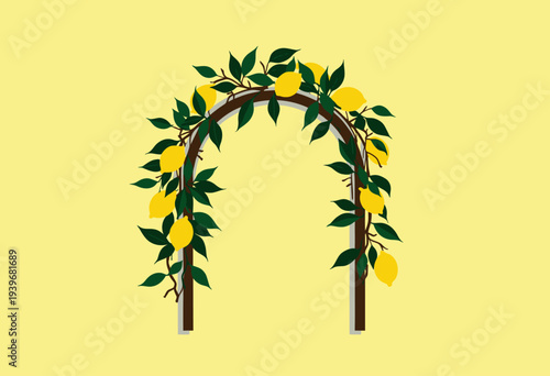 Illustration of a decorative garden archway adorned with vibrant green foliage and bright yellow lemons against a minimalistic pale yellow background