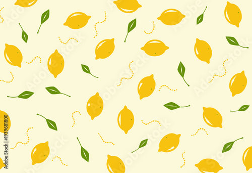 Seamless Pattern of Vibrant Lemons and Leaves on a Light Background with Playful Dotted Lines