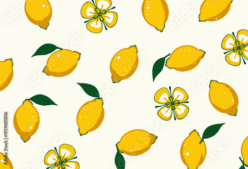 Bright and Cheerful Pattern Featuring Vibrant Yellow Lemons and Delicate Floral Blooms with Green Leaves on a Light Background