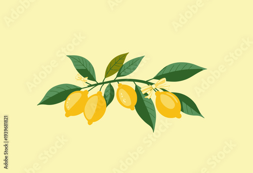 Illustrated Branch of Yellow Lemons with Green Leaves and Decorative Bows on a Soft Pastel Background