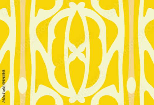 Vibrant Yellow Ornamental Design Featuring Symmetrical Shapes and Floral Motifs with Smooth Curves and Intricate Patterns Highlighting Elegance and Harmony