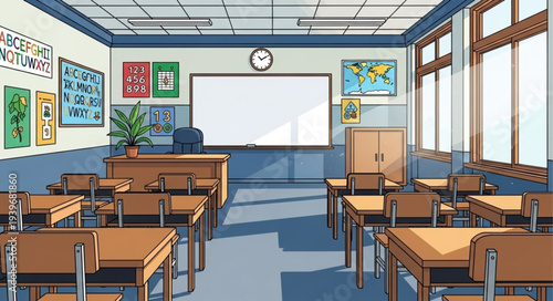 Empty Classroom with Desks and Whiteboard.