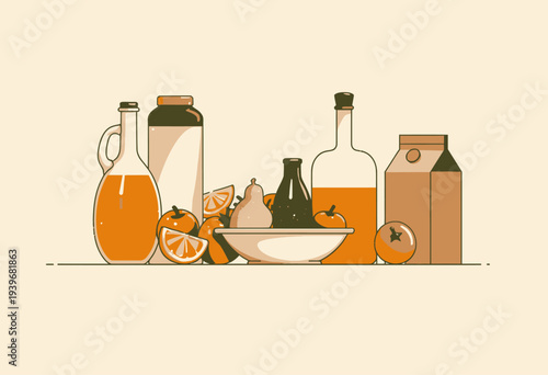 Aesthetic Arrangement of Bottles and Fruits on a Minimalist Kitchen Counter Setting Depicting a Blend of Natural Ingredients for Culinary Harmony