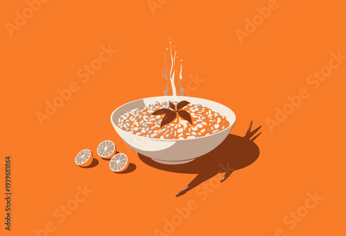 A vibrant depiction of a steaming bowl of freshly cooked pasta with lemon slices and green garnishes on a bright orange background