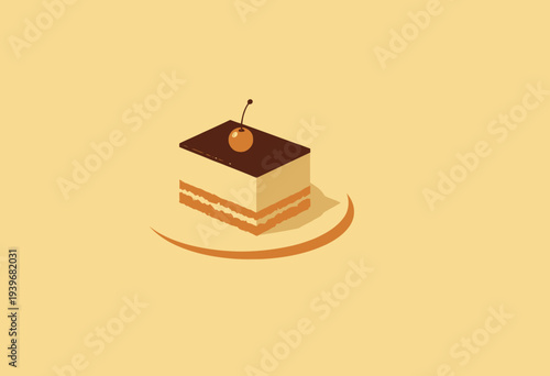 Delectable Slice of Layered Cake with Chocolate Glaze and Cherry on a Plate Against a Soft Beige Background in Minimalist Style