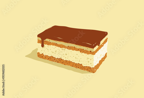 Delicious Layered Cake with Rich Chocolate Topping and Creamy Vanilla Filling on a Soft Yellow Background