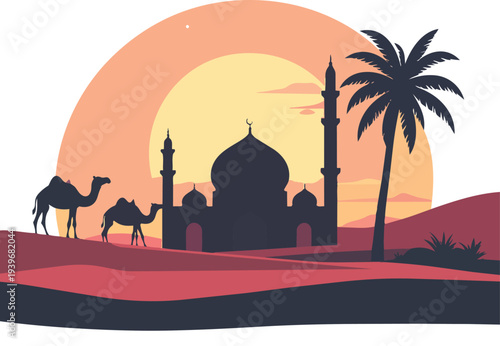 A stunning sunset silhouette of the marble Taj Mahal mausoleum in Agra, India, featuring the iconic dome and minarets of this historic architectural landmark and travel destination