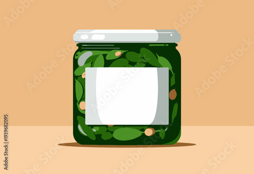 Illustrated Glass Jar Filled with Pickling Vegetables and Spices on a Neutral Background