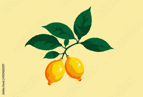Illustration of two bright yellow lemons on a branch with vibrant green leaves set against a soft pale yellow background depicting freshness and vitality