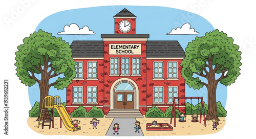 Colorful School Building with Trees and Playground.