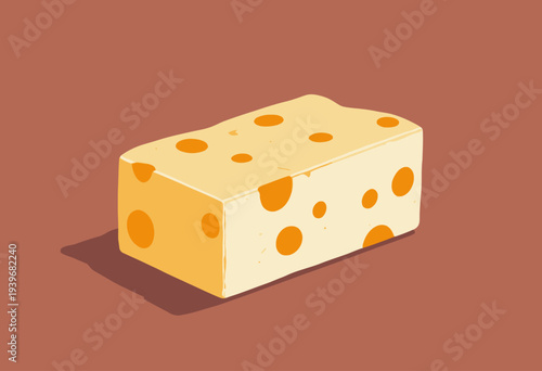 Illustration of a Swiss-style cheese block with an array of yellow holes against a warm brown background, showcasing textured and creamy characteristics