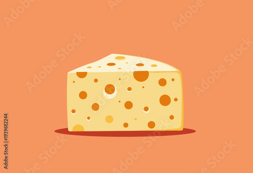 Illustrated Slice of Swiss Cheese with Large Holes on Earthy Coral Background Showcasing Texture and Color Contrast
