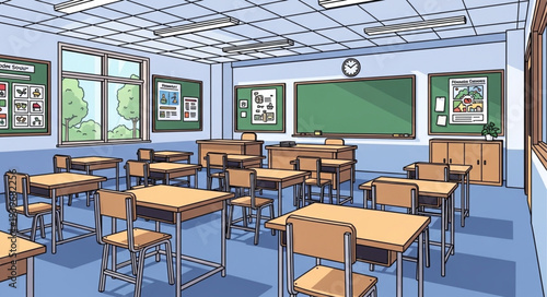 Empty Classroom with Desks and Blackboard for Learning.