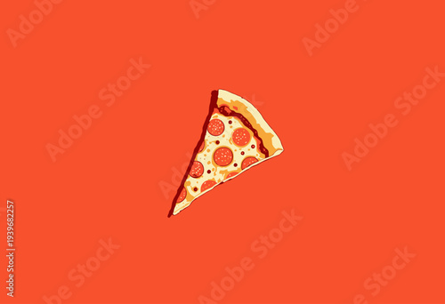 Vibrant Illustration of a Single Slice of Pepperoni Pizza on a Bold Bright Red Background Symbolizing a Simple Yet Iconic Fast Food Delight