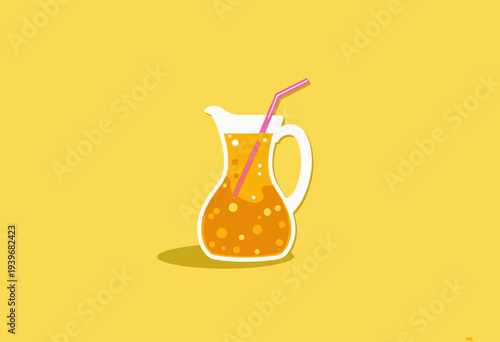 Illustration of a Pitcher Filled with Sparkling Orange Beverage and Straw Against Vibrant Yellow Background