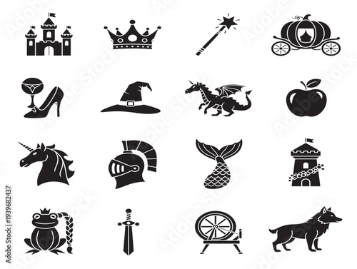Medieval icons set: crowns, castles, swords, and more