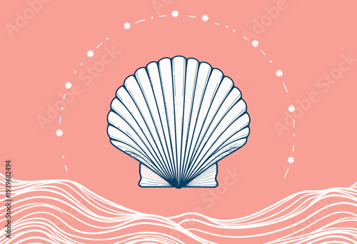 Illustration of a Seashell with Decorative Elements on a Coral Background Surrounded by Abstract Waves and Celestial Symbols