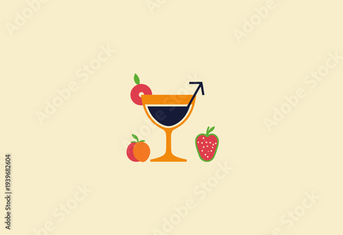 Vibrant Cocktail Illustration Featuring a Festive Glass with Fresh Fruit Garnishes and Strawberries on a Minimalist Neutral Background