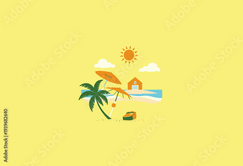 Tropical Beach Scene with Palm Tree, Umbrella, and Seashells on Sandy Shoreline, Overlooked by Sunny Sky and Cozy Cottage in Minimalist Style Art