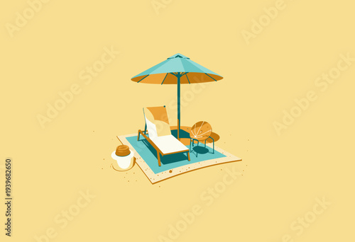 Relaxing Beachside Retreat with Sun Lounger, Umbrella, and Side Table on Sandy Mat