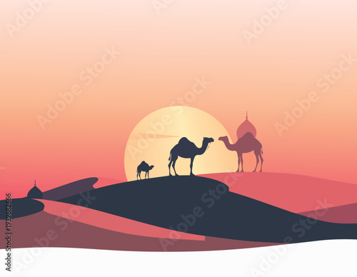 A wild camel silhouette wanders across a sunset desert landscape with sand dunes under a summer sky in this nature vector illustration of a Sahara safari caravan