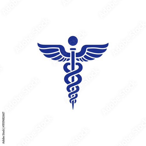 Striking blue caduceus medical symbol with wings and snakes, isolated on transparent background