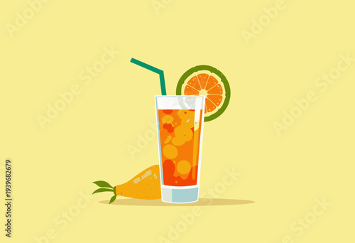 Refreshing Tropical Fruit Juice in a Glass with Citrus Garnish and Colorful Straw on a Light Background