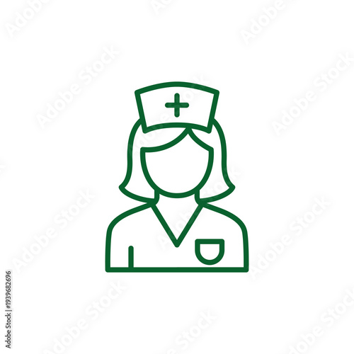 Green outline icon of a female nurse with cross symbol cap, isolated on transparent background.