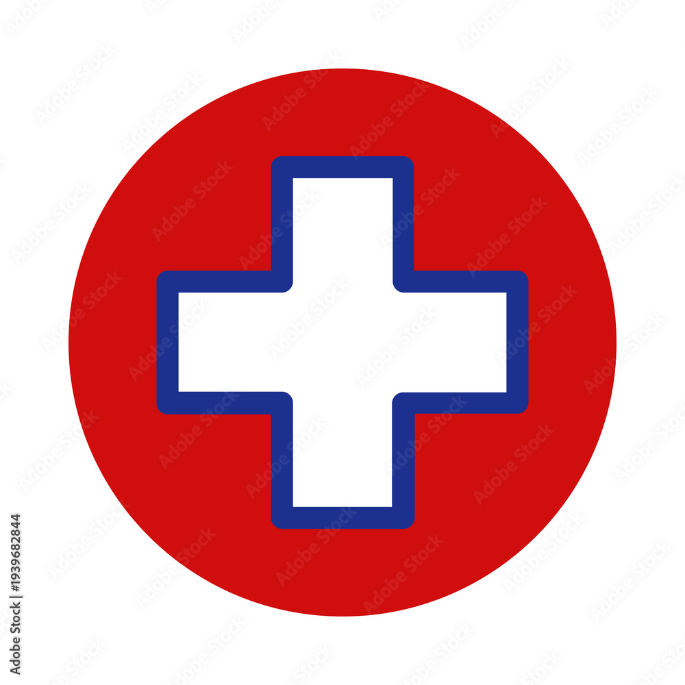 Obraz premium Red circle with white cross and blue outline symbol, isolated on transparent background