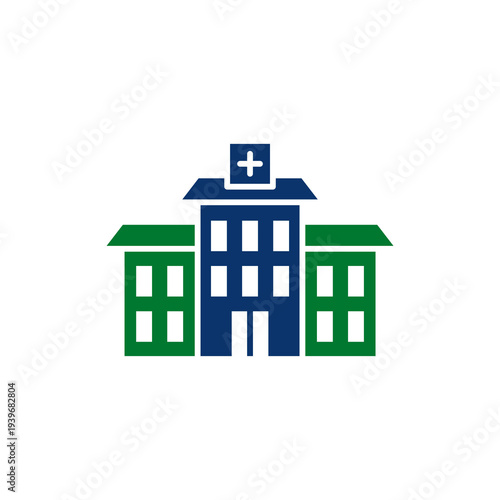 Blue and green hospital building icon with cross sign isolated on transparent background